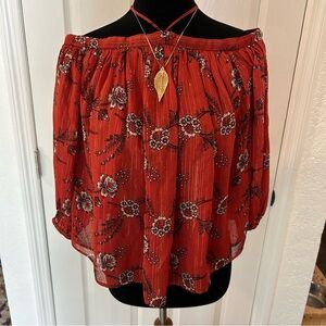 Ann Taylor Floral Off-Shoulder Red and Gold Top